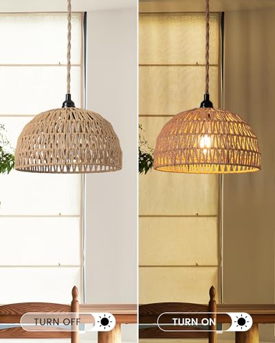 Rattan Hanging Lamp,Boho Pendant Lights,Plug in Cord Hanging Rattan Light,Plug Into Wall Outlet Pendant Light Fixture On/Off Switch for Living,Dinner Room,Bedroom,Kitchen,for E26,without Bulb - size: 11.81'' x 6.49''