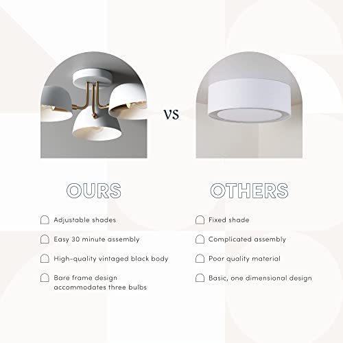 Nathan James Argo Semi Mount Flush Ceiling Light, 3-Lights Modern Retro Lighting with White Rounded Shades for Hallway, Dining Room and Bedroom, Brass Gold/White - color: Brass Gold/White, size: 1