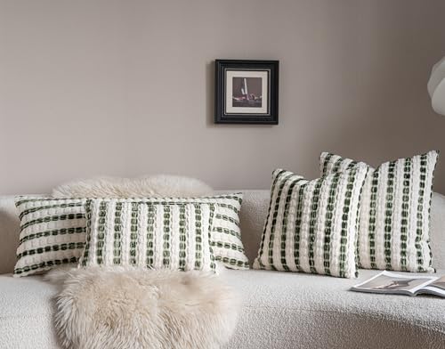 Caflife Boho Lumbar Pillow Covers 14x36 Inch Long, Farmhouse Green Striped Textured Chenille Decorative Couch Pillow Cases, Rustic Accent Cushion Covers for Sofa Bed Living Room Bedroom, Pack of 1 - color: Green, size: 36" x 14" (Pack of 1)
