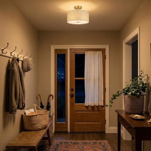 13" Boho Woven Rattan Ceiling Light Fixture, 3-Light Semi Flush Mount Modern Drum Lamp with Beige Fabric Shade, Rustic Lighting for Bedroom, Living Room, Dining Room, Hallway and Entryway - color: Warm Beige