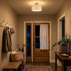 13" Boho Woven Rattan Ceiling Light Fixture, 3-Light Semi Flush Mount Modern Drum Lamp with Beige Fabric Shade, Rustic Lighting for Bedroom, Living Room, Dining Room, Hallway and Entryway - color: Warm Beige