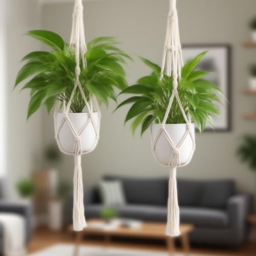 Macrame Plant Hanger, Indoor Outdoor Hanging Planter Boho Home Decor, Stylish Handmade Decorative Flower Pot Holder for Living Room, Garden Use, 45 Inch, Set of 2 (Pots Not Included)