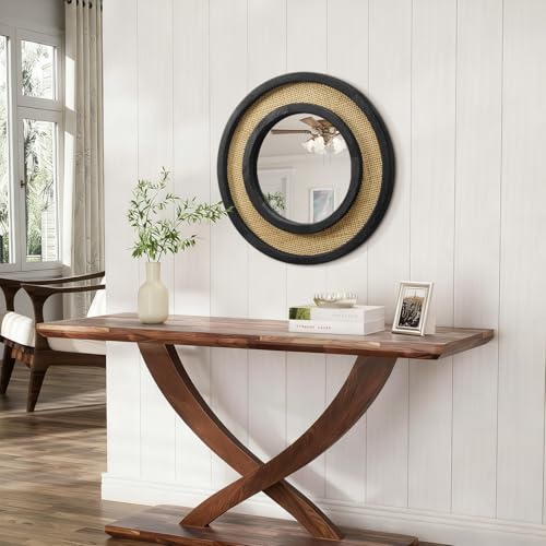 JJUUYOU Wall Mirror Black with Circle Wood Frame Round Rattan Hanging Mirrors Decorative for Bedroom Living Room Bathroom Entryway 16 Inch - color: Round Mirror-black, size: 16"L x 16"W