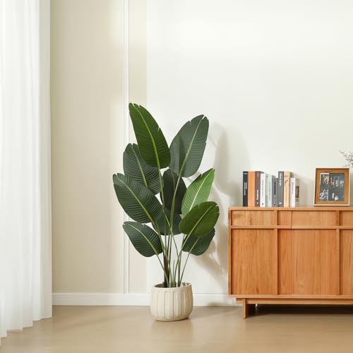 Ferrgoal 5ft Bird of Paradise Artificial Plant with 10 Trunks in Woven Seagrass Pot, Faux Tropical Tree for Indoor & Outdoor Home Décor, Green - size: 5ft
