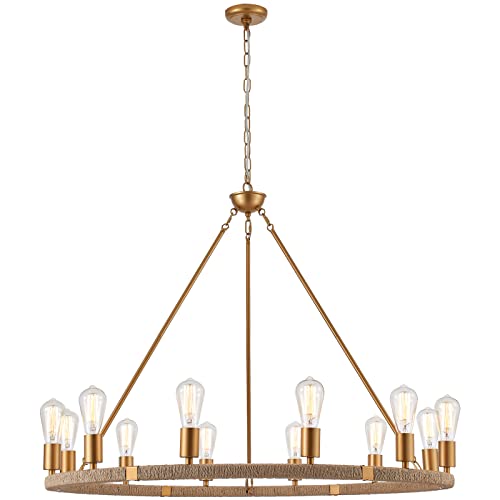 12-Lights Wagon Wheel Chandelier Bohemia Hand Woven Rattan Chandelier Farmhouse Large Pendant Light for High Ceilings Living Room Dining Room, Brass, Dia 42 Inch, UL Listed - color: Brass