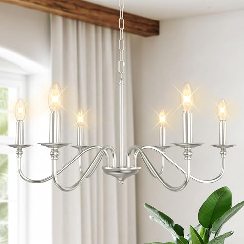 6-Light Farmhouse Chandelier 28'', Rustic Industrial Kitchen Island Pendant Lighting Fixture, Vintage Candle Ceiling Light for Dining Room, Living Room, Entryway, Bedroom-Brushed Nickel - color: Brushed Nickel