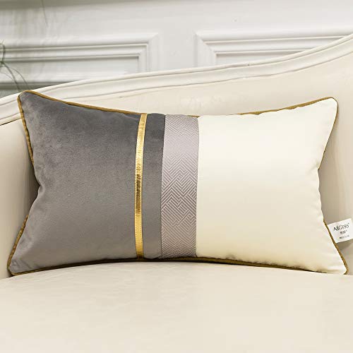 Avigers 12 x 20 Inches Gray White Gold Leather Striped Patchwork Velvet Cushion Case Luxury Modern Throw Pillow Cover Decorative Pillow for Couch Living Room Bedroom Car - color: Gray, size: 20" x 12" (Pack of 1)