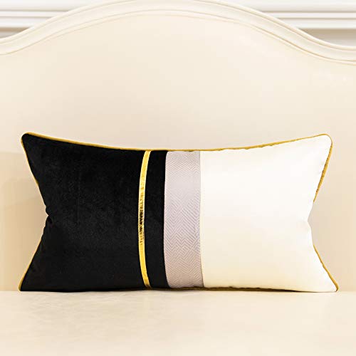 Avigers 12 x 20 Inches Black White Gold Leather Striped Patchwork Velvet Cushion Case Luxury Modern Throw Pillow Cover Decorative Pillow for Couch Living Room Bedroom Car - color: Black, size: 20" x 12" (Pack of 1)