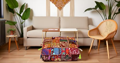 CRAFT KALA Indian Square Patchwork Traditional Pouf Cover Indian Living Room Poufs Decorative Embroidered Designer Ottoman Home Living Footstool Chair Cover Decor Pillow Cover 18x18x5 inches, Brown - color: Brown, size: 18"D x 18"W x 5"H