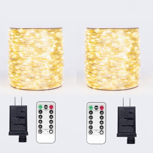 Fairy Lights Plug in,2Pack 100FT 300LEDs Waterproof Led String Lights,8Modes Remote Twinkle Light for Outdoor Indoor Christmas Wedding Birthday Garden Party Decorations,Silver Wire,Warm White - color: Warm White, size: 2*100FT 300Leds