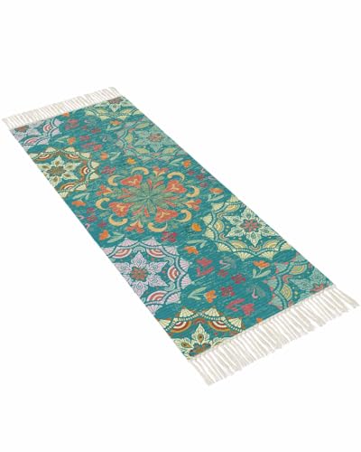 Green Boho Kitchen Runner Rug 2' x 4', Shabby Vintage Ethnic Abstract Floral Art Washable Rug with Tassels, Non Slip Woven Cotton Bathroom Rugs Hallway Carpet for Foyer Bedroom Entry Back Door Decor - color: Teal, size: 2' x 4' (Rectangular)