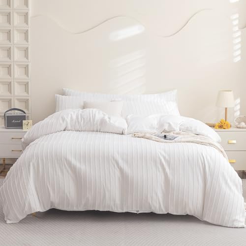 JELLYMONI Duvet Cover Twin Size Bright White - 3PCS Boho Striped Duvet Cover Set Polyester Tufted Bohemian Textured Comforter Cover 68×90in with Corner Ties & Zipper and 2 Pillowcases for Kids - color: Bright White-striped, size: Twin(68"×90")