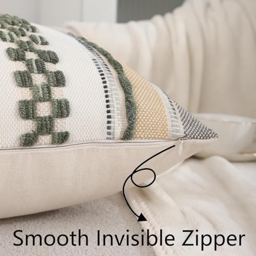 Green Throw Pillow Covers 18x18 Set of 2 Boho Tufted Pillow Covers Striped Decorative Pillow Cases Chenille Pillow Cases Farmhouse Cushion Case Nuetral Textured Pillow Cover Home Decor - color: Dark Green Stripe, size: 18" x 18" (Pack of 2)