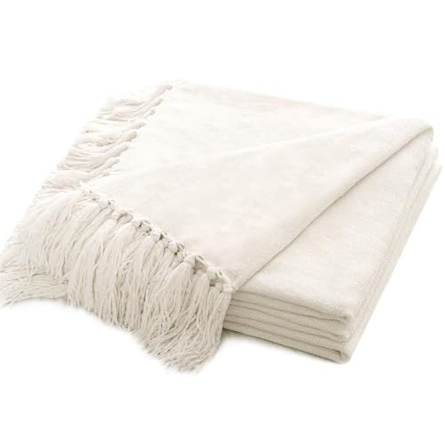 RECYCO Throw Blanket Soft Cozy Chenille Throw Blanket with Fringe Tassel for Couch Sofa Chair Bed Living Room Gift (Ivory White, 50" x 60") - color: Ivory White, size: 50'' X 60''
