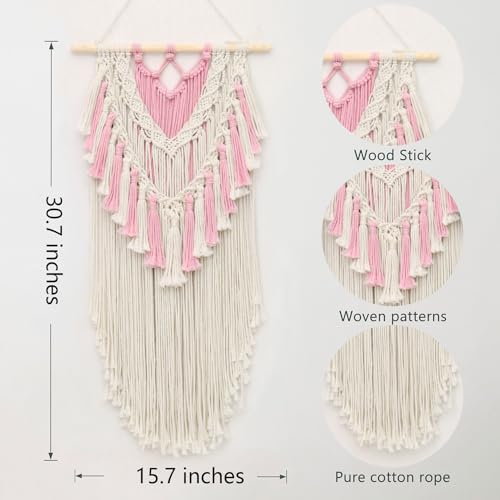 LB Pink Macrame Wall Hanging, Handmade Woven Tapestry Wall Hanging Modern Pink and Beige Wall Decor for Living Room Bohemian Macrame Wall Art for Office Apartment Bedroom Backdrop,15.7" W x 30.7" L - color: Beige
