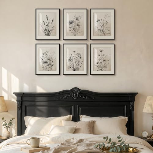 Framed Boho Vintage Botanical Wall Art, Set of 6 Black and White Floral Canvas Painting Prints with Mat for Farmhouse Living Room, Neutral Rustic Flower Artwork for Kitchen Bedroom Home Decor, 11x14 - color: Black Floral - Black Framed, size: 11" W x 14"