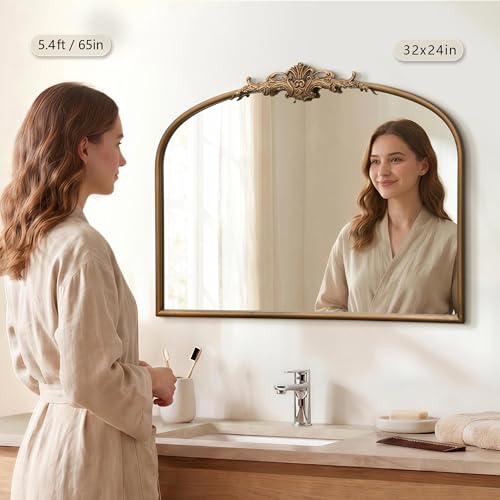 Besdomus Vintage Arched Gold Mirror: 32"x24" French Large Gold Vintage Wall Mirror - Baroque Traditional Ornate for Bedroom/Fireplace/Bathroom/Hallway - Ideal Gifts for Housewarming/Birthday - color: Brass Gold, size: 24"L x 32"W