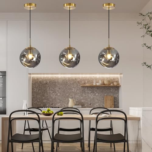 Modern Smoke Gray Concave Glass Pendant Light, 3-Pack Kitchen Island Lighting Single Globe Pendant Light Fixtures Century Kitchen Island Pendant Light for Bedroom Dining Room Light (Without Bulbs) - color: AX-Smoky Gray-1 Light-3PC