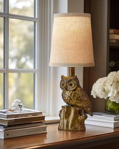 G-SAFAVA 14.25" Small Table Lamp for Living Room Farmhouse Bedside Resin Single Lamp with Gold Owl Lamp Shape for Bedroom Retro Rustic Nightstand Lamp - color: ‏‏‎ ‎Gold