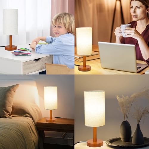 LALISU Small Table Lamp Nightstand Lamp Linen Lampshade Bedroom Wood Base Small Bedside Lamp for Night Stands, Desk Lamps for Reading Living Room, Office (LED Bulb Included) (Rosewood) - color: Rosewood