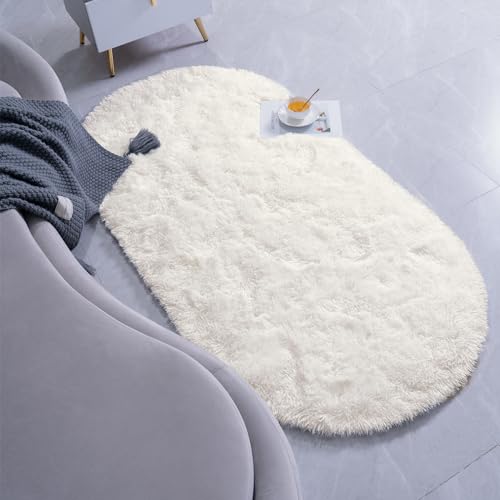 Goideal Fluffy Bedroom Rug, Small Oval Area Rugs, Cream Shag Bedside Carpet for Kids Room Nursery Dorm Cute Fuzzy Indoor Decor for Boy and Girl, 2.6 x 5.3 Feet - color: Cream