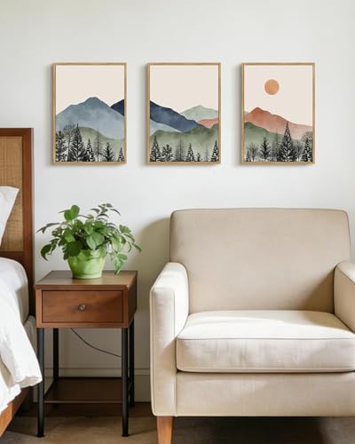 KUVIOKE Vintage Mountain Framed Wall Art Watercolor Nature Boho Sun Rise Paints Farmhouse Rustic Room Decor Ready to Hang 11x14in (Natural Framed) - color: Mountains and Forests, size: 11 x 14in x 3 Panels Natural