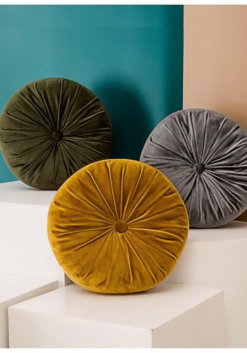 Round Throw Pillow, 13.7” Solid Color Decorative Round Dutch Velvet Floor Pillows Pleated Round Throw Pillow Floor Cushion Pillows for Sofa Couch Chair Bed Living Room, Yellow - color: Yellow