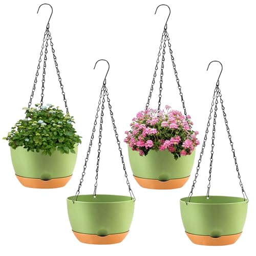 KPUVX 4 Pack Plastic Hanging planters for Indoor Plants,8 Inch Plant Pot Indoor Outdoor Hanging Baskets,Hanging Flower Pots with Drainage Holes and Chain for Garden Porch Plants (Green) - color: Green, size: 8 inch