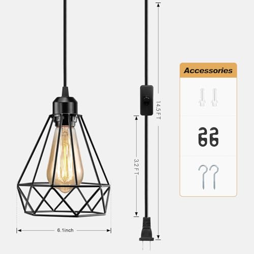 Plug in Pendant Light, Industrial Hanging Light with Plug in Cord, Black 15FT On/Off Switch Farmhouse Pendant Light, Hanging Lamps for Dining Room - color: Black