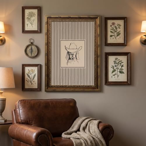 Vintage Gold Framed Western Cowboy Dog Wall Art -Striped Western Pet Canvas Decor Animal Sketch Artwork Picture for Living Room Bedroom Home Wall decor 12x16 Inches - color: Golden Retriever Dog In Cowboy Hat, size: 12"L x 16"W