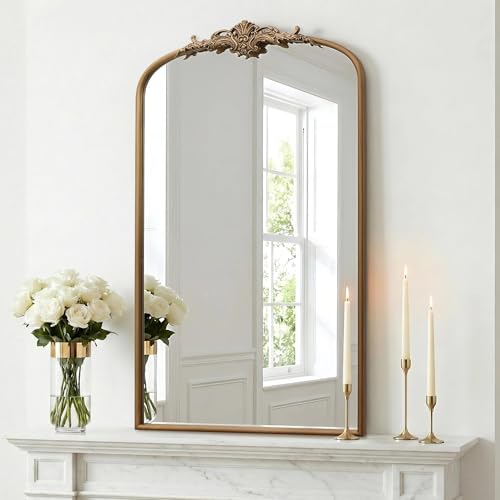 Besdomus Vintage Gold Arched Mirror: 24"x42" French Large Arch Brass Antique Wall Mounted Mirror - Traditional Ornate Home Decor for Entryway/Fireplace/Bathroom - Ideal for Bathroom Remodeling - color: Brass Gold, size: 42"L x 24"W