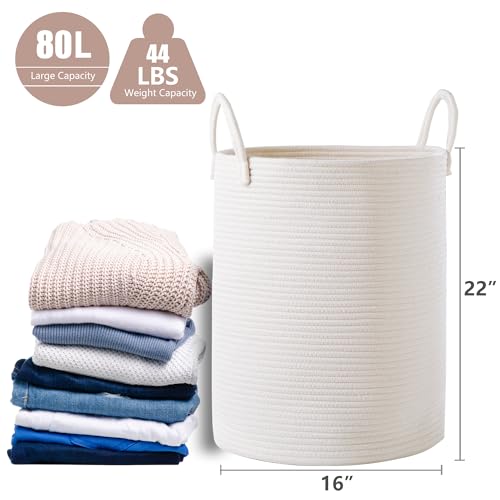 80L Extra Large White Hamper Tall Woven Laundry Basket Cotton Rope Blanket Basket for Living Room Clothes Hamper in Bedroom 16"L x 16"W x 22"H - color: White, size: Extra Large (80L)
