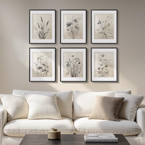 Framed Boho Vintage Botanical Wall Art, Set of 6 Black and White Floral Canvas Painting Prints with Mat for Farmhouse Living Room, Neutral Rustic Flower Artwork for Kitchen Bedroom Home Decor, 11x14 - color: Black Floral - Black Framed, size: 11" W x 14"