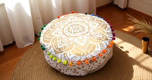 INDIAN CRAFT CASTLE ICC Mandala Barmeri Large Floor Pillow Cover Cushion Meditation Seating Ottoman Throw Cover Hippie Decorative Zipped Bohemian Pouf Ottoman Cases Golden, 16" Round - color: Golden, size: 16"D x 16"W x 5"H