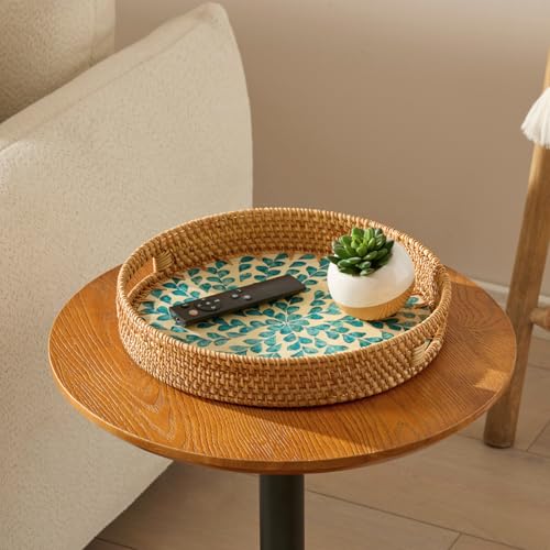 YANGQIHOME Round Rattan Tray with Handle, Mother of Pearl Inlay Decorative Wicker Basket for Coffee, Bread, Fruits, Serving Tray for Home Decor, Blue Clover - color: Blue Clover, size: 13.8"