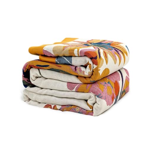 Boho Throw Blanket for Bed 90"x108", 100% Soft Cotton Bohemian Blankets with Rustic Floral Printed Decor, Spring Throw Blanket for Couch Cozy Breathable King Size All Season - color: Ink and Wash, size: 90"x108"