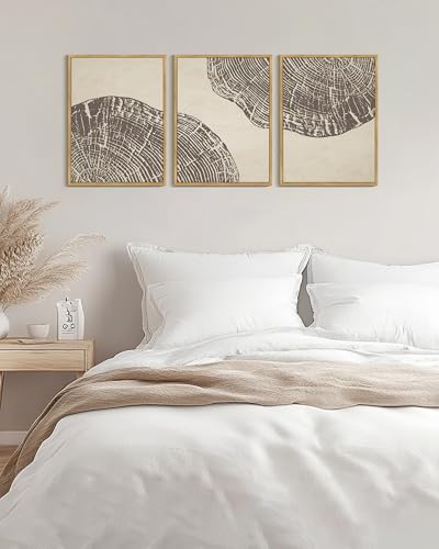 KUVIOKE Framed Tree Rings Wood Wall Art Modern Retro Beige Wood Stump Wall Decor Nature Rustic Art Print for Farmhouse Living Room Bedroom 12x16in (Natural Framed) - color: Wood Stump, size: 12 x 16in x 3 Panels Natural