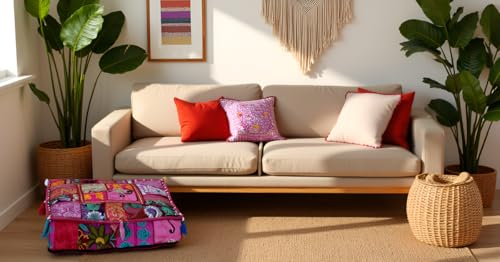 CRAFT KALA Indian Square Patchwork Traditional Pouf Cover Indian Living Room Poufs Decorative Embroidered Designer Ottoman Home Living Footstool Chair Cover Decor Pillow Cover 18x18x5 inches, Pink - color: Pink, size: 18"D x 18"W x 5"H