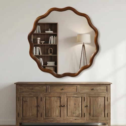 36" Wavy Round Wall Mirror with Solid Wood Frame, Country Irregular Decorative Mirror for Bathroom, Bedroom, Living Room & Entryway, HD Tempered Glass, No Distortion Vanity Mirror (Walnut,36“) - color: Walnut, size: 36"L x 36"W