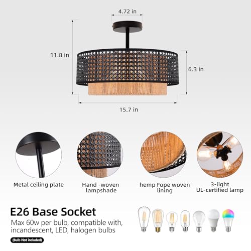 15.7-inch semi-recessed Ceiling Light with a Double-Drum Bohemian Rattan Woven Pendant, Suitable for bedrooms, Living Rooms, Dining Rooms, porches, and Kitchens. - color: 15.7'' Rattan&Hemp rope Black