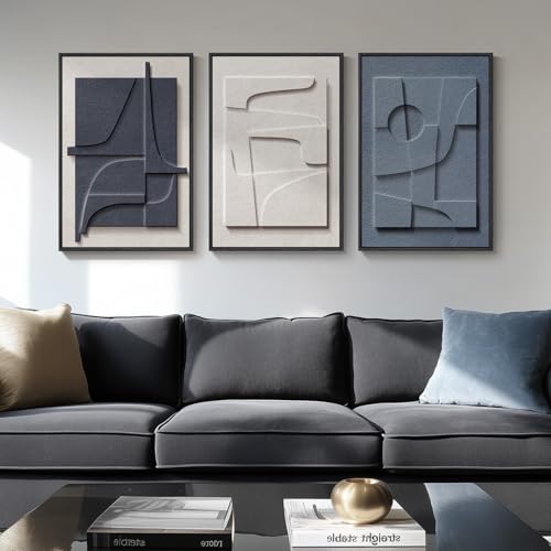 3D Textured Framed Blue and White Abstract Wall Art, 3 Piece Modern Artwork for Walls, Minimalist Navy Blue Geometric Wall Paintings for Living Room, Bedroom, Dining Room, Office Wall Decor 16x24 In - color: Blue White, size: 16"w X 24"h X 3pcs