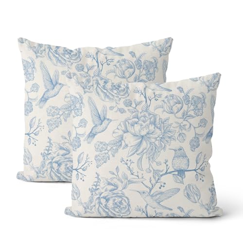 Chinoiserie Blue Throw Pillow Covers 16x16 Inch 2 Pcs Vintage Light Blue Floral Bird Outdoor Decor Pillow Covers Flower Spring Seasonal Decorative Pillowcase Linen Cushion Cover for Couch Sofa - color: Light Blue Floral Bird, size: 16" x 16" (Pack of 2)