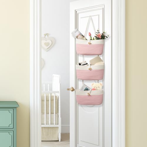 TeoKJ Over The Door Hanging Baskets with Button Strap, 3-Tier Woven Cotton Storage Organizer Bag, Wall-Mounted with Hook Decorative Hanging Nursery Baskets - Pink+White - color: Pink+White, style: 3 tier+Button