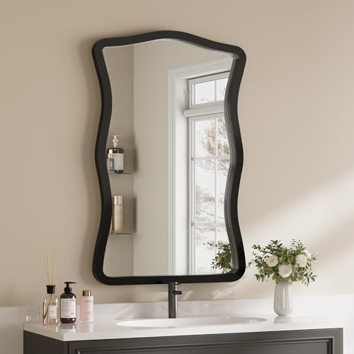 ULIKE Wavy Wall Mirror for Bathroom, 24x36 Wood Frame Mirror for Over Sink, Rustic Wall Mirrors Decorative and Vanity Mirrors for Bedroom Living Room Entryway, Black - color: Rectangular Black