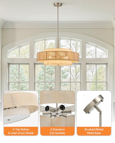 VONLUCE 23.6" Boho Rattan Chandelier, 6-Light Drum Chandelier with 3-Tier Woven Lampshade, Rattan Ceiling Light for Dining Room Bedroom Living Room with E26 Sockets, Nickel Finish, ETL Certified - color: Nickel, size: 24inch