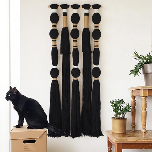Flber Macrame Wall Hanging Black Sphericity Cotton Tassels Textile Hanging Geometric Yarn Wall Art for Bedroom Living Room Decor 15.7" W x 39" L - color: Black1