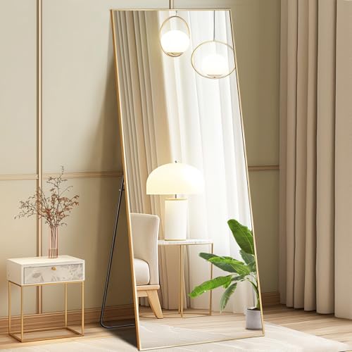 DUMOS 19"x58" Full Length Mirror with Stand, Floor Standing Aluminum Frame, Shatter-Proof Nano Glass for Bedroom, Living Room, Cloakroom – Modern Simple Home Decor,Can Be Hanging or Leaning, Gold - color: Gold-rect Edge, size: 58"L x 19"W