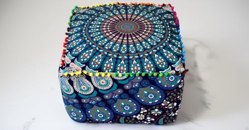 CRAFT KALA Indian Square Patchwork Traditional Pouf Cover Indian Living Room Pom Poufs Cover Decorative Designer Ottoman Home Living Footstool Chair Cover Ottoman Decor 18X18X14 inches, Blue Mirchi - color: Blue Mirchi