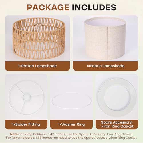 Boho Rattan Lamp Shade, 12.6" Top x 12.6" Bottom x 7.68" High, Natural Rattan & Linen Double Layer Lamp Shades for Floor Lamps Table Lamps Chandelier, UNO Fitter Lampshade Replacement, Easy Assembly