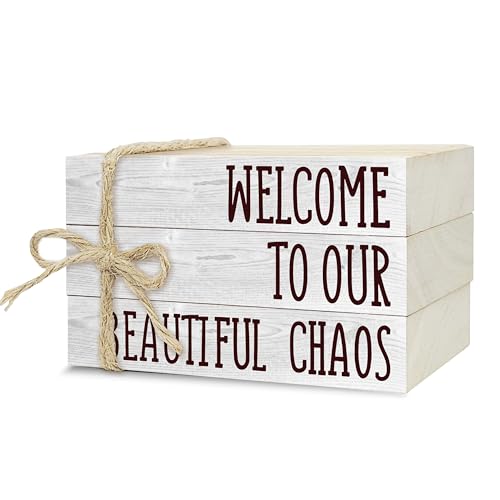 Decorative Books For Home Decor, Rustic Wood Book Stack For Table Decor, Welcome To Our Beautiful Chaos Decor Books For Living Room Bookshelf, Farmhouse Stacked Books Decor (L20) - color: Welcome 1